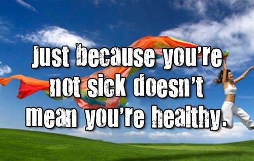 Just because you're not sick doesn't mean you're healthy quote with woman and colourful scarf background