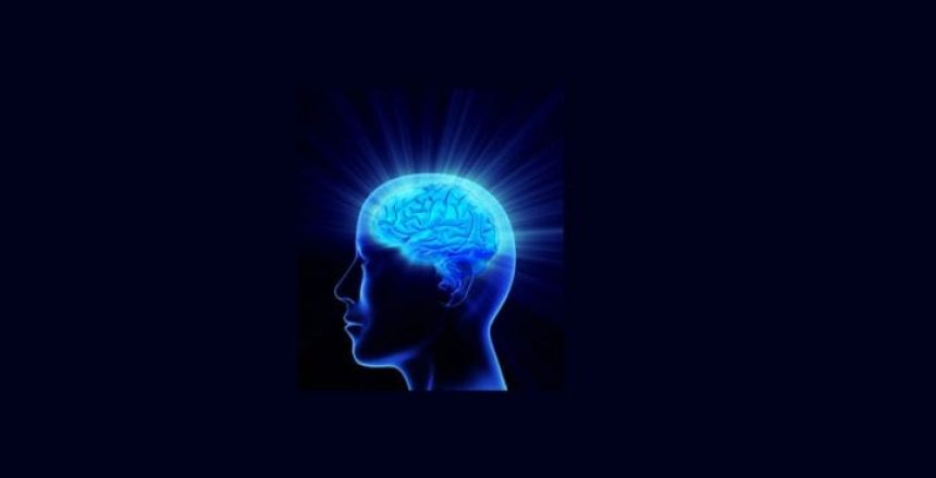 Blue glowing brain radiating energy outward on black background